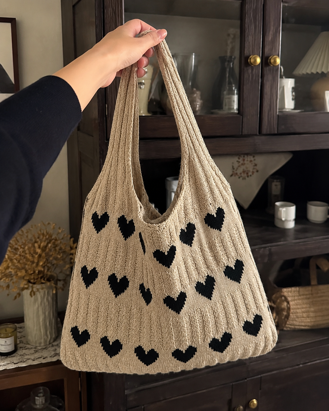 Handmade crochet heart tote bag