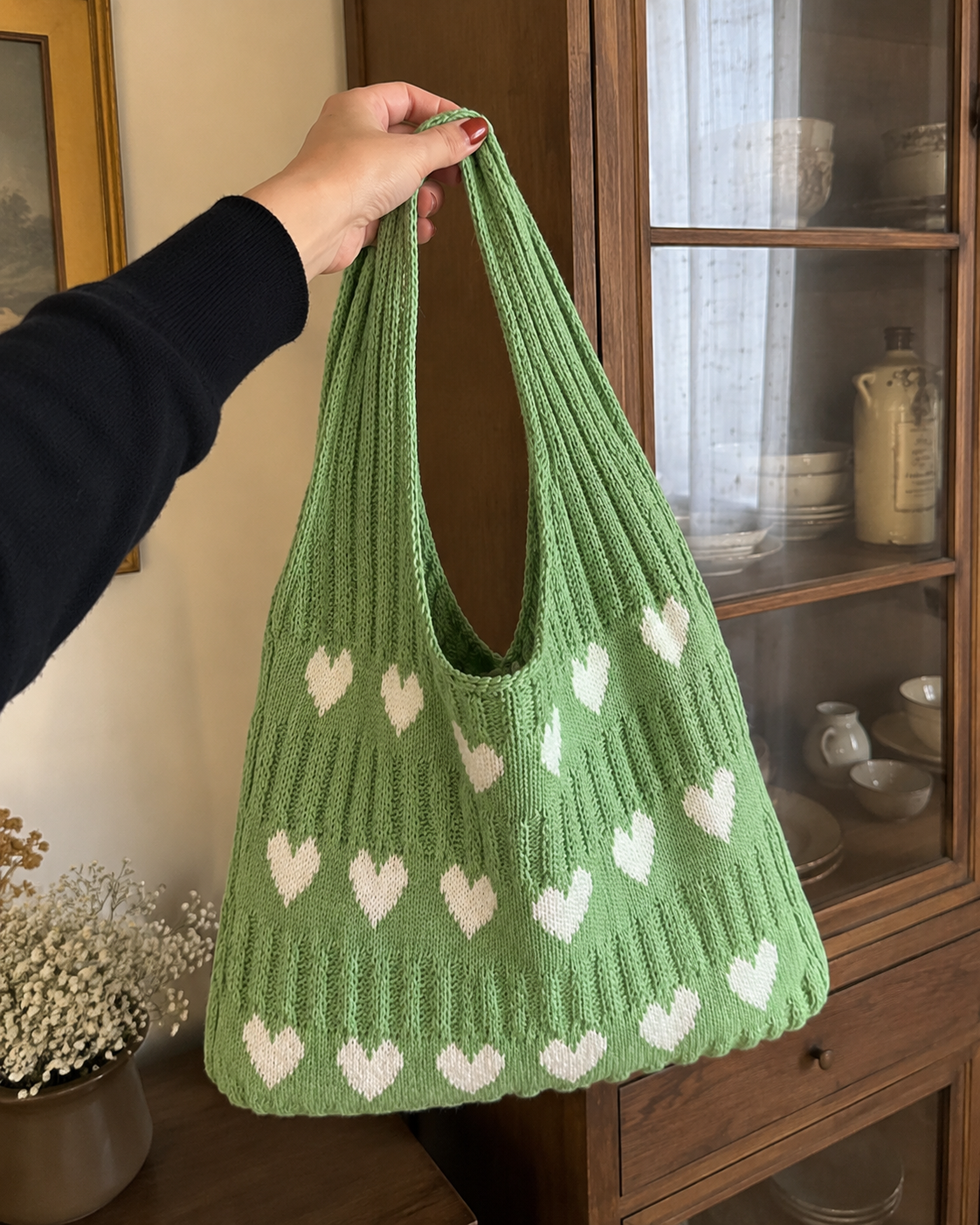Handmade crochet heart tote bag